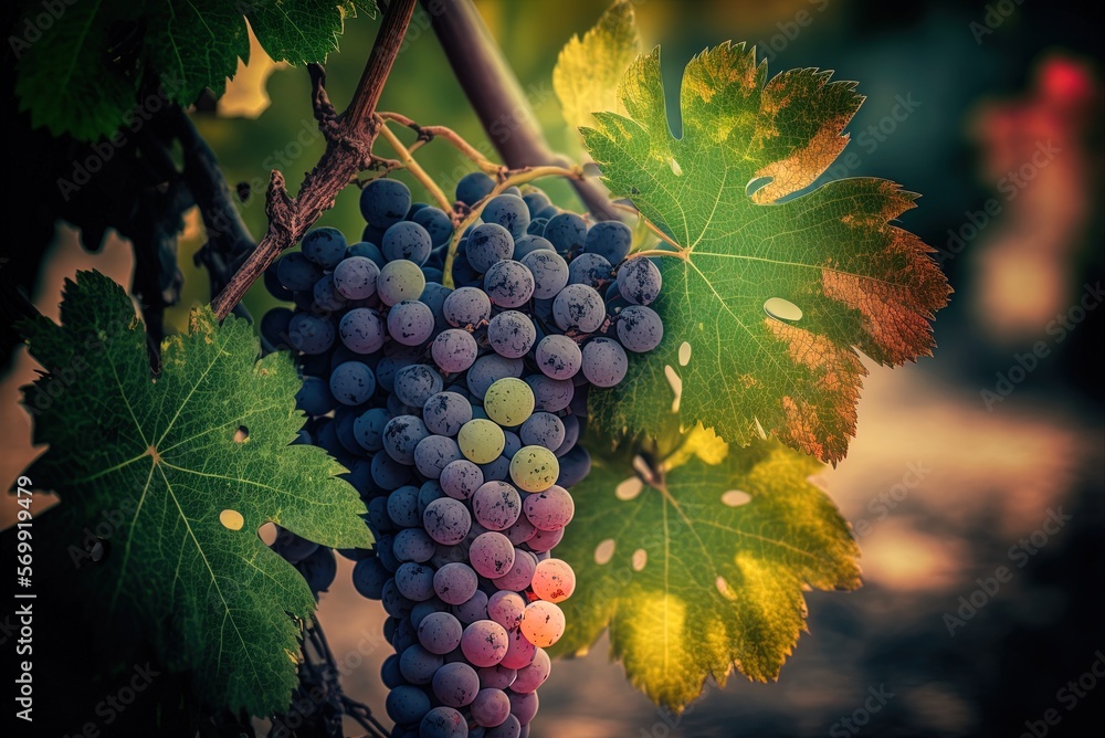 Poster zooming in on ripe grapes on a grapevine generative ai