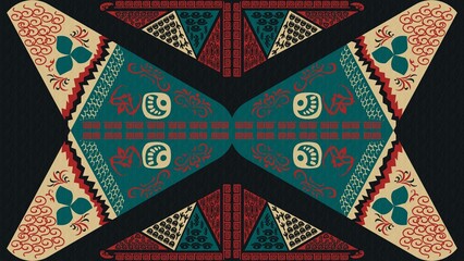 Dark symmetric folk art background, illustration, wallpaper, vintage, antique, ancient, old, traditional, culture, 