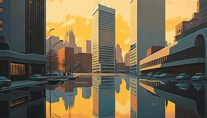  a painting of a city with tall buildings and a lake in the foreground with a reflection of the city in the water at sunset.  generative ai