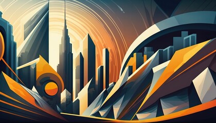  a painting of a futuristic city with orange and blue colors and a yellow circle in the middle of the painting is an orange and black background.  generative ai
