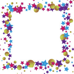 White vector background with stars and circles in blue and lilac, pink and yellow colors