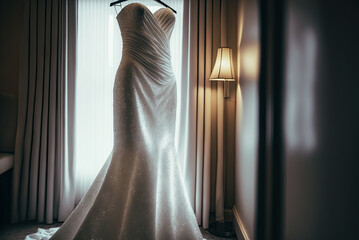 Elegant classic wedding dress on hanger. Natural light. Generative AI