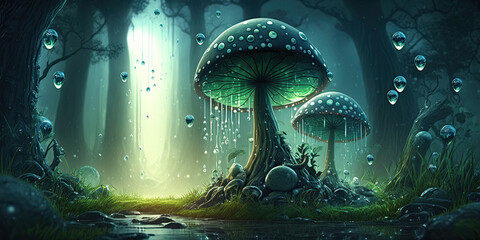 A big mushroom with drops of water in a magical fantasy forest, Generative AI
