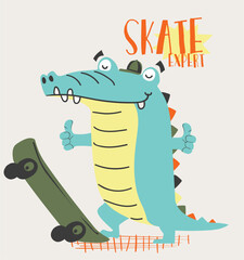 Cute cartoon hand drawn crocodile. Vector illustration with character silhouette alligator. Crocodile on skateboard  © basws