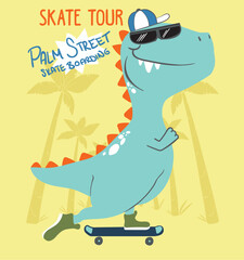 Cute dinosaur rides on skateboard. Tyrannosaur skateboarder  © basws