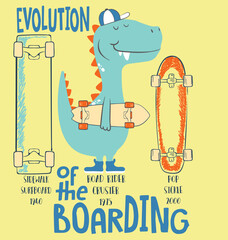 Cute dinosaur rides on skateboard. Tyrannosaur skateboarder  © basws