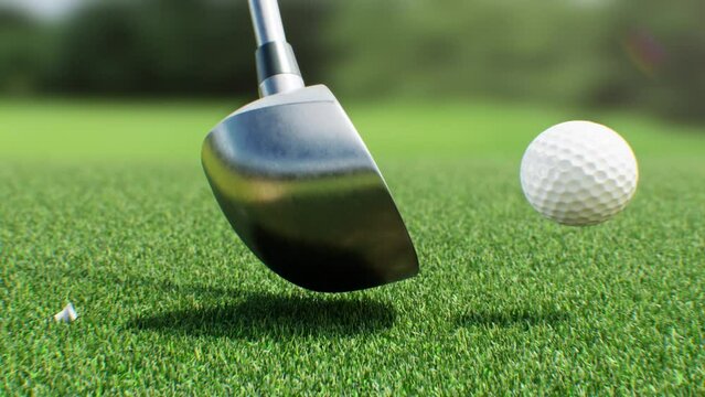 Golf Club Driver Hitting the Ball Close-up in Slow Motion 3d Animation. Illustration of Abstract Strong Hit and Green Grass on the Golf Course. Sport Concept 4k UHD 3840x2160.
