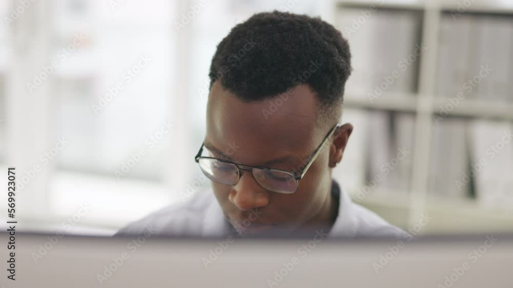 Poster Face, cyber security or serious black man programmer for thinking, coding or UX web designer software. Hacker, thinking or programmer on tech for planning analytics, data analysis or strategy at work