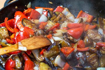 Grilled vegetable salad with zucchini, eggplant, onion, pepper and tomato