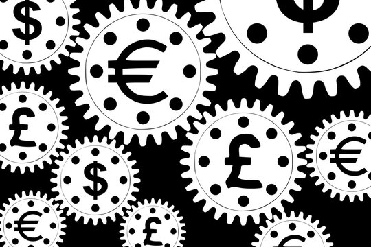 Vector concept, money makes the world go round. A gear mechanism with dollar, euro and pound sterling currency signs	