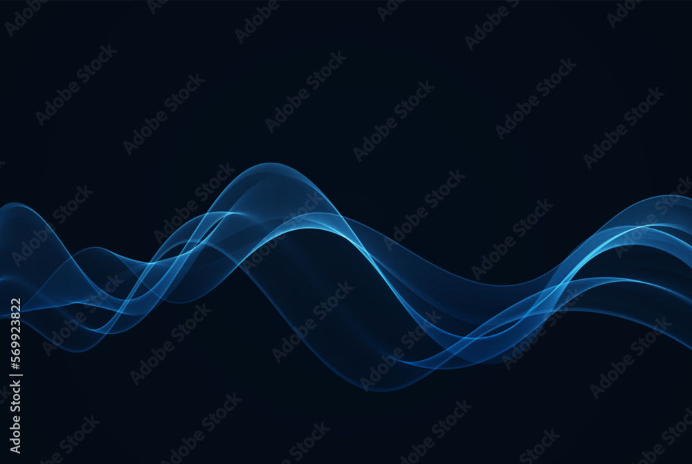 Poster abstract shiny blue wave design element on dark background. science or technology, wavy element desi