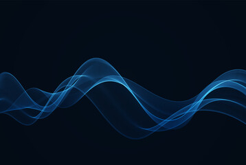 Abstract shiny blue wave design element on dark background. Science or technology, wavy element design.