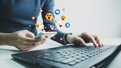 Concept of using digital media, technology, social media online surfing, woman's hand using smartphone to use the internet, work from home for social distancing.