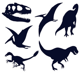 Set of dinosaurs and pterosaurs silhouettes on white, tyrannosaurus, pteranodon, pterodactylus, skull, iguanodon