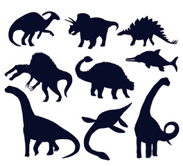 Set of dinosaurs silhouettes on white, stegosaurus, triceratops, Brontosaurus, spinosaurus and underwater reptiles
