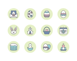 Easter flat line icons set. Contains such icons as Colored egg, bunny, basket, cake and chick. Simple flat vector illustration for web site or mobile app