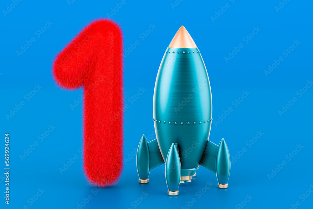 Poster fluffy number 1 with rocket, 3d rendering