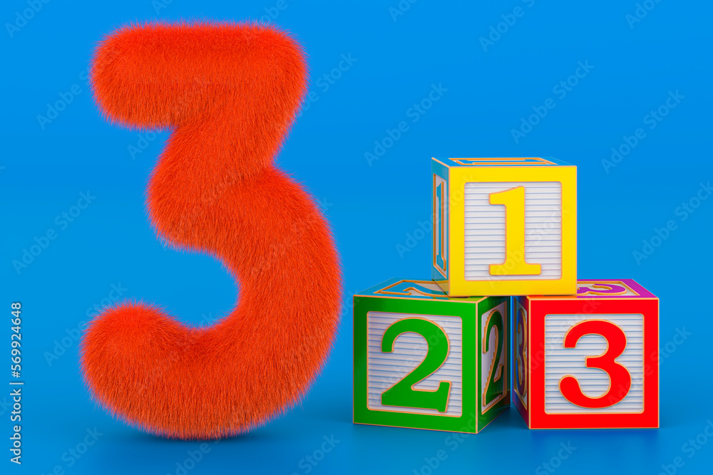 Poster fluffy number 3 with three abc cubes, 3d rendering