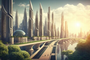 Naklejka na ściany i meble Futuristic modern city landscape Made With Generative AI