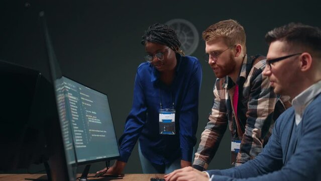 data mining specialist and programmers creating artificial intelligence project, team in office