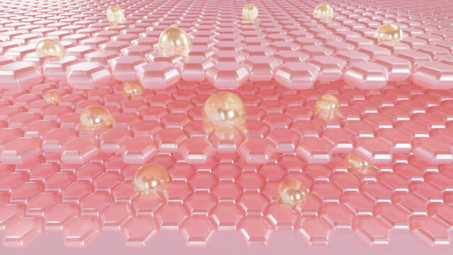 Cosmetic 3D bubble design on background. Serum through the skin and reduce up saggy skin of the skin cell. moisturizer for lighting Brighter skin tone replaced the dark. Anti-freckle serum