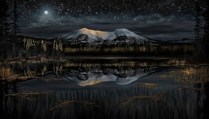  a night scene of a mountain lake with a reflection of the sky and stars in the water and a full moon in the sky above.  generative ai