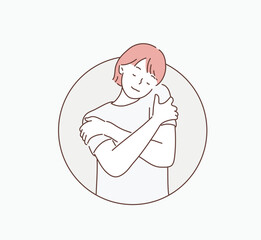 Happy young casual woman hugging herself with natural emotional enjoying face. Love concept by yourself. Hand drawn style vector design illustrations.