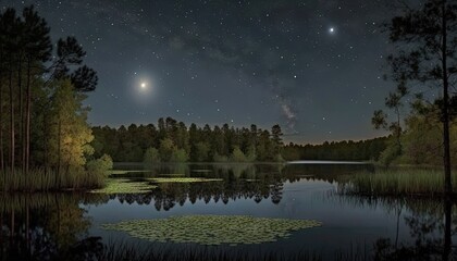 Fototapeta na wymiar a lake with lily pads in the foreground and the moon in the distance with trees in the foreground and a few stars in the sky. generative ai