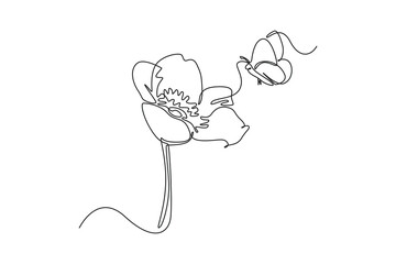 Continuous one line drawing beautiful butterfly on flower. Spring concept. Single line draw design vector graphic illustration.