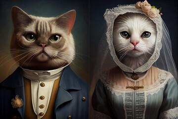 Couple of cats, bride and groom, wedding portrait in old-fashioned suits. Newlywed cats.