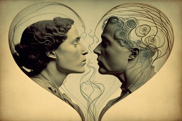 Illustration of a couple kissing and a heart in a background, a valentines day concept. Generative AI.