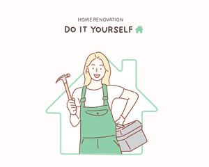 Woman with repair tools in hand. Hand drawn style vector design illustrations.