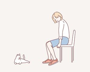 Young woman with cute cat at home. Pet and owner. Hand drawn style vector design illustrations.
