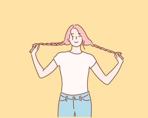 Having hair in two plaits. Adorable girl holding pigtails hair. yellow background. Hand drawn style vector design illustrations.