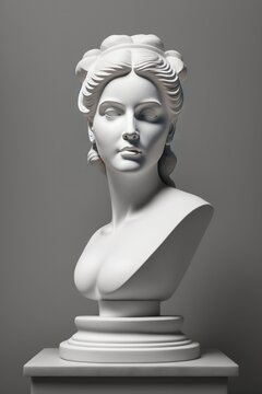 Un buste  de femme en pierre blanche sur un socle en noir et blanc - generative AI