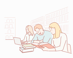 People studying together. Hand drawn style vector design illustrations.