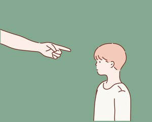 Fingers pointing on the sad young boy. Hand drawn style vector design illustrations.