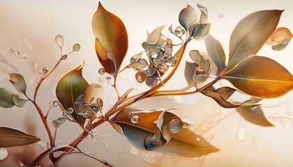  a painting of a branch with leaves and water droplets on it's surface, with a light brown background and a white background behind it.  generative ai