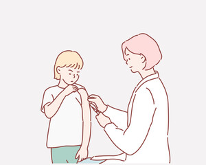 Brave young girl receiving an injection. Hand drawn style vector design illustrations.