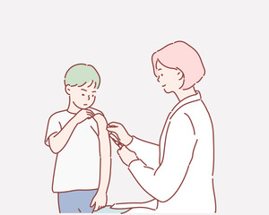 Brave young boy receiving an injection. Hand drawn style vector design illustrations.