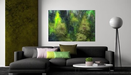  a living room with a couch, table and a painting on the wall above it and a lamp on the side of the couch in front of the room.  generative ai