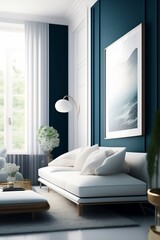 Room with cozy white sofa, sky style wall, and cool decor. white as dominating furniture color.