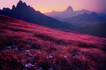 Fototapeta na wymiar Mountain with red flowers, Generative AI, Artificial Intelligence