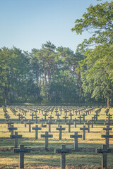 rows of stone crosses in a military world war 2 cemetery surrounded by trees