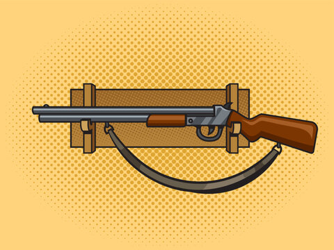 recommend clip art: gun rifle hanging on wall pinup pop art retro vector illustration. Comic book style imitation.