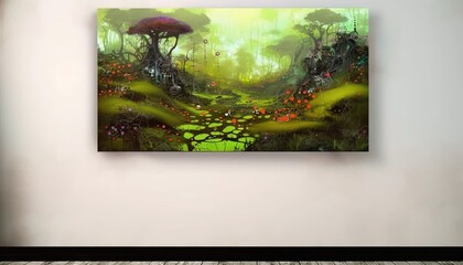 a painting on a wall of a forest with a pond and trees in the background and a green field with flowers in the foreground.  generative ai