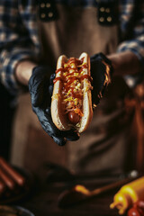 The chef in gloves holds a hot dog. Fast food cooking. Classic hot dog in dark style.