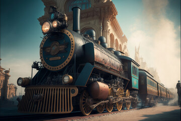 Naklejka premium steampunk train background in a steampunk style, generative ai,