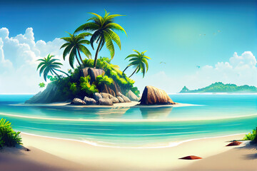 Realistic Sandy tropical beach with island on background. Generative AI