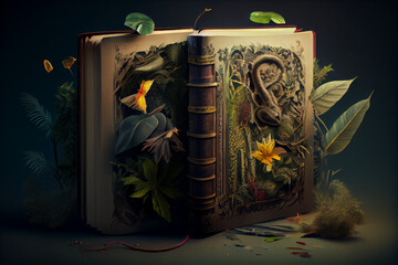 Open book generates jungle theme, abstract illustration about tropical nature.